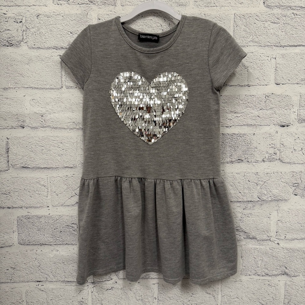 Bloomie’s Girls Gray Sequin Heart Kids Casual Dress Size 6